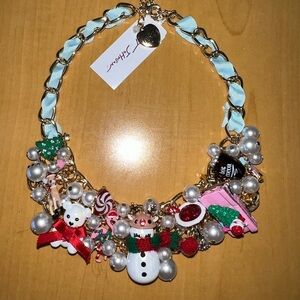 Betsey Johnson rhinestones snowman Santa pink car Christmas necklace